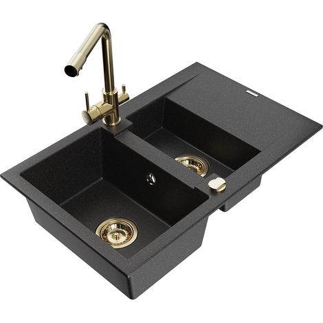 Mexen Gaspar évier en granit 1,5 bac avec égouttoir et robinet de cuisine Duero, noir/argent - 6507-73-671600-50 (1/5)