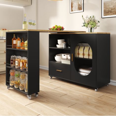 MODFU – Îlot cuisine mobile 120-180 cm MDF – Plateau pivotant 360° et rangements – 9 roulettes dont 4 freinées – Naturel/noir (1/5)