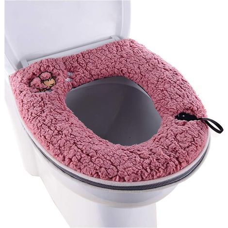 Abattant de toilette lavable en velours chaud épais avec poignée, anneau et coussin, housse de toilette rose rouge (1/4)