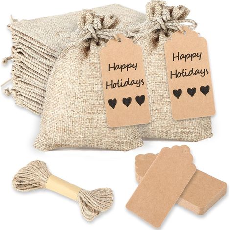 Pochon tissu,Sac toile de jute,Ensemble de 25 pièces avec étiquette, cordon de serrage et sacs cadeaux réutilisables, adapté pour les vacances, les mariages, les fêtes, les anniversaires (1/5)