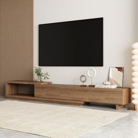 Meuble TV extensible finition noyer avec 3 tiroirs, compatible avec téléviseurs jusqu’à 80 pouces, longueur ajustable 180-254 cm