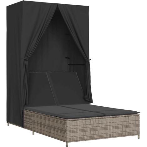 Maison Exclusive - Lettino Prendisole Doppio Tetto e Tende Grigio in Polyrattan