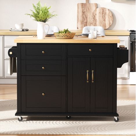 Mobile cucina con ruote e tavolo estraibile, 107 x 45-70 x 90,5 cm, MDF nero e naturale OKMYHOME (1/5)
