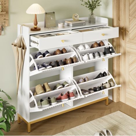 Mobile portascarpe stretto con 4 ante a ribalta e 2 cassetti, 106,5 x 25 x 107 cm, bianco HAVRYA (1/5)