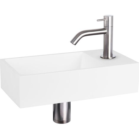 Differnz Solid Pack lave-mains 36X18.5cm Rectangulaire avec robinet, vidange et siphon Solid Surface Chrome mat (1/5)