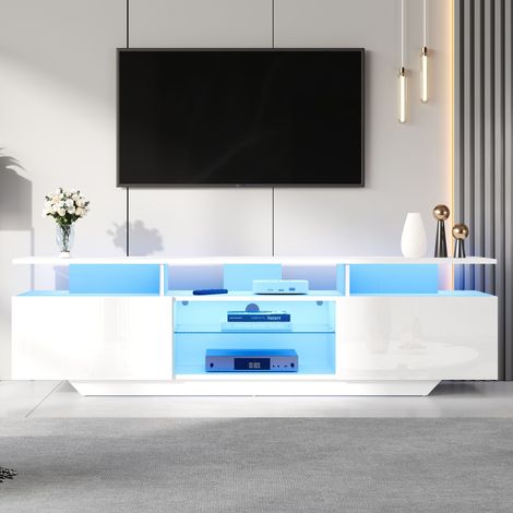 Nmonet – Meuble TV 160 cm blanc avec éclairage LED – 8 étagères et 2 portes de rangement – Verre trempé et MDF – Compatible TV jusqu'à 70 pouces (1/5)