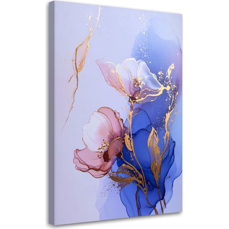 Stampe su Tela, Fiori astratti nelle tonalità del blu del rosa e dell'oro. - 40x60 (1/2)