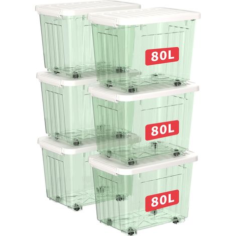 80L6 Boîtes de Rangement avec Couvercles, Boîte de Rangement en Plastique avec Clips et Roulettes, Empilables, Encastrables, pour Placard de Bureau à Domicile, Vert Transparent, 80L, Lot de 6 (1/5)