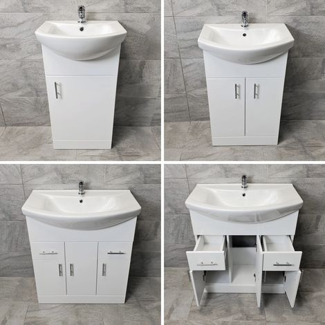Designer Bathroom Vanity Basin Sink Unit Storage White Gloss Various Sizes, 650mm-with Tap/Waste (1/5)
