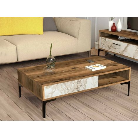 Dmora - Mesa de café Diadem, Mesa de centro baja, Revistero para sofá, Estante de la sala de estar, 105x60h33 cm, Nogal y Blanco, con embalaje reforzado (1/5)
