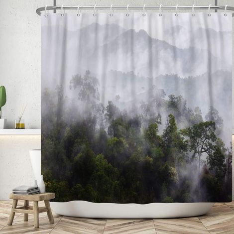 183x198cm Rideau de Douche Brume Forêt Paysage Naturel Montagne dans Le Brouillard pour Salle de Bain Étanche avec Crochets (1/5)