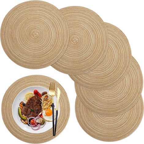 Tovagliette, tovagliette rotonde intrecciate in PP, set da 6, lavabili, resistenti al calore, antiscivolo, 36 cm, colore caffè