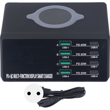 Chargeur sans fil à 8 ports, station de charge USB multifonction, affichage LED, base de charge rapide, prise européenne 100-240 V. (1/5)