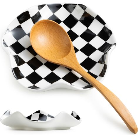 Lot de 2 repose-cuillères de cuisine et plateaux à bijoux en céramique 2 en 1, motif damier, 13 cm.