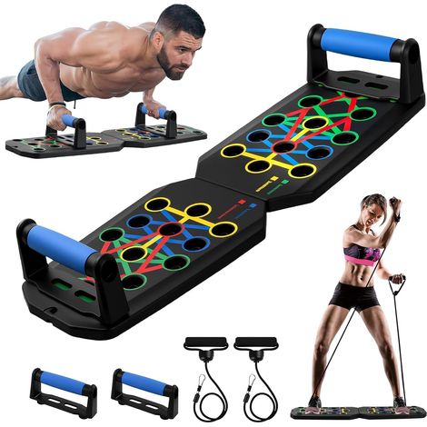 24 in 1 Push Up Board, Bodybuilding Pump, Foldable Sports Pump Board with Handles, 2 Tension Ropes, 20 Adhesive Pads, Bag, Load Capacity 150 kg, Home Workout Equipment (1/5)