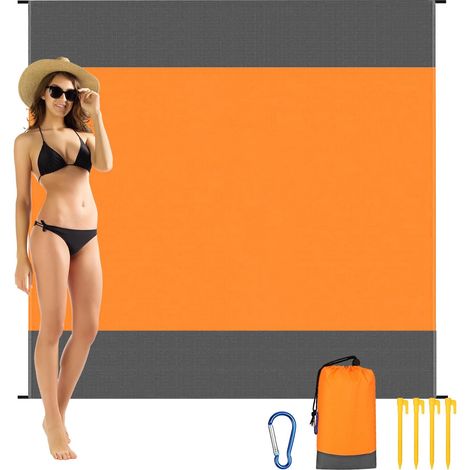 Couverture Pique Nique Tapis,210 x 200 cm Tapis de Plage Imperméable avec 4 Clous Fixes,Natte de Plage pour Plage, Camping, Picnic, Parc, Voyage ect Les Èvénements en Extérieur,Orange