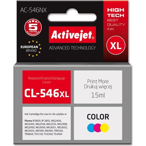 Cartouches d'encre Activejet AC-546NX pour imprimante Canon. Compatible avec les cartouches Canon CL-546XL  qualité supérieure  15 ml  couleurs : cyan, magenta, jaune