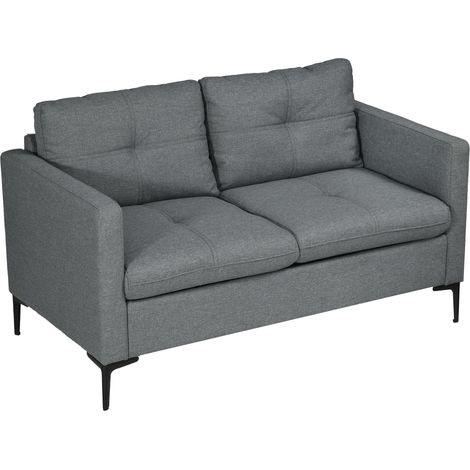 Canapé 2 places tissu aspect lin gris foncé piètement métal noir contemporain