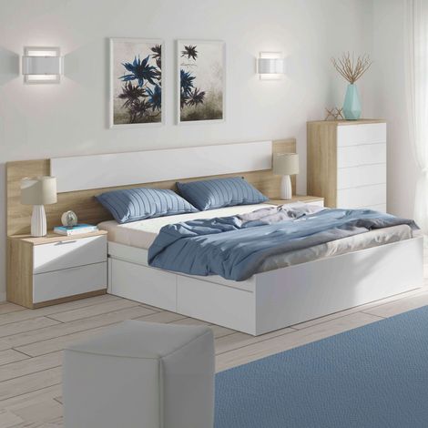 Habitación Matrimonio Completa Color Roble Y Blanco Estilo Nórdico (cama + Cabecero + 2 Mesitas + Cómoda)