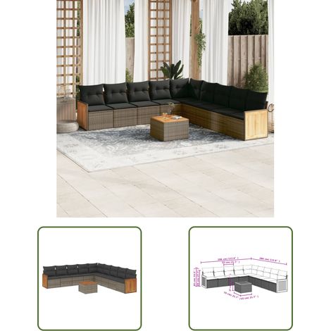 The Living Store Salon de jardin avec coussins 10 pcs gris résine tressée - Ensemble Salon De Jardin - Meuble Extérieur - Résine Tressée - Rotin Synthétique - Mobilier De Jardin (1/3)