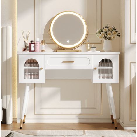 Tocador 100 x 42 x 112 cm de paneles de madera blanco y dorado, con almacenaje, FloraGrace (1/5)