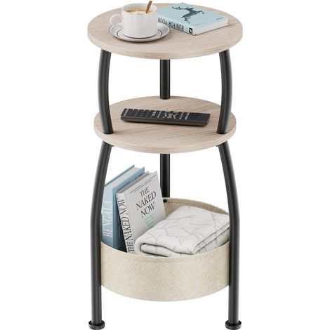Table d'appoint ronde, à 3 niveaux, petite table d'appoint avec panier en tissu, table basse pour salon, chambre à coucher, petit espace, montage facile, 30 x 61 cm (chêne) (1/5)
