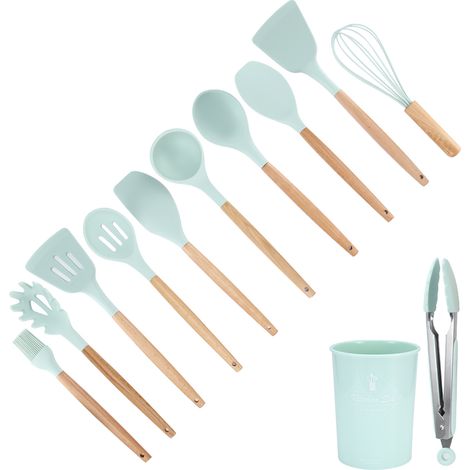Ensemble de 12 ustensiles de cuisine en silicone vert clair, spatule antiadhésive, manche en bois, avec boîte de rangement. (1/5)