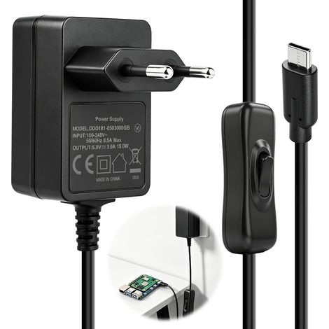 5V 3A Bloc d'alimentation pour Raspberry Pi 4 Modèle B, 15W USB-C Chargeur Adaptateur pour Pi 4B 8Go/4Go/2Go/1Go, Type C Power Supply Adaptateur avec Interrupteur Marche/Arrêt