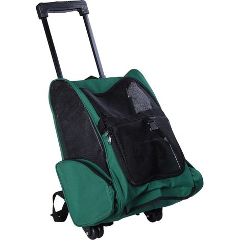 2-in-1-Transportbox für Hunde und Katzen, mit Seitentaschen, Teleskopgriff und Rollen, 42 x 25 x 55 cm, grün