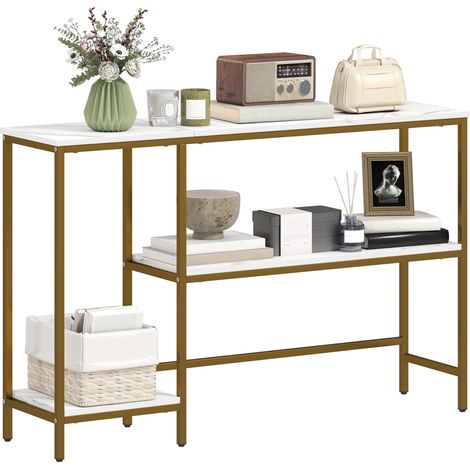 Console meuble 120 cm, table console 3 niveaux avec étagères de rangement, plateaux imitation marbre, blanc et doré (1/5)