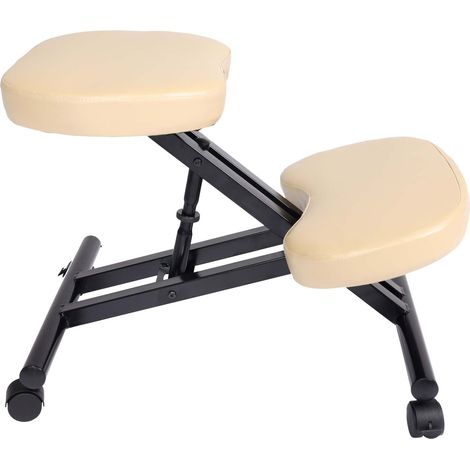 Siège assis à genoux HHG-940 appui-genoux, tabouret, chaise bureau, réglable, similicuir, métal, crème-beige