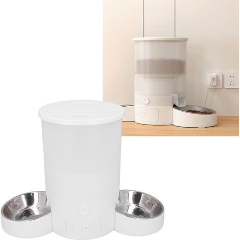 Distributeur automatique 3L Double Gamelle Inox Acier Anti-poils noirs Minuterie Application Blanche (1/4)