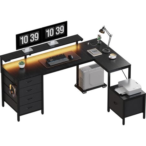 Bureau d'angle avec Armoire de Rangement, 160 x 120 cm, LED, Noir (1/5)