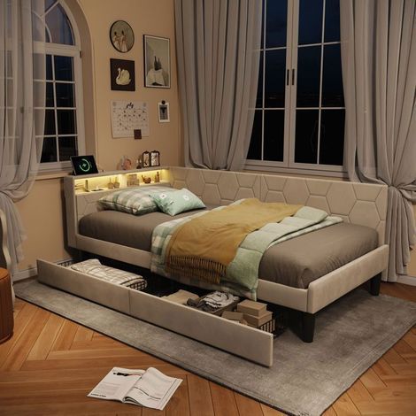 Canapé lit convertible - Clic Clac - Velours beige - Rangement 2 tiroirs & niche - LED RGB & USB Type-C (1/5)
