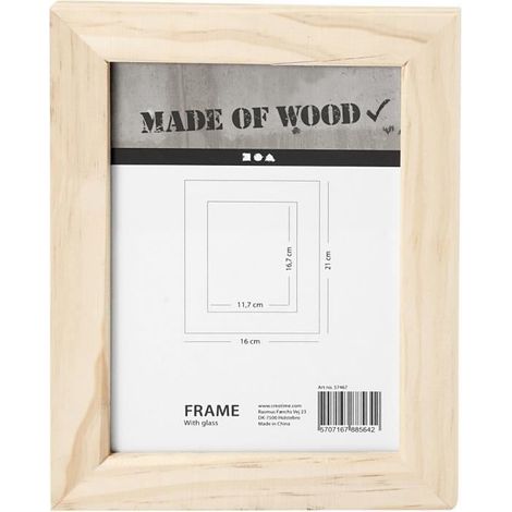 Cadre photo en bois à larges bords, avec vitre et trou de suspension. Supports en métal sont montés sur les côtés longitudinaux.