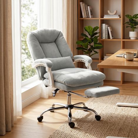 Fauteuil de bureau inclinable en velours gris clair, siège ergonomique ajustable en hauteur avec appui lombaire. (1/3)