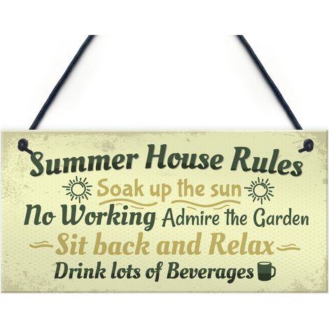 Plaque fantaisie à suspendre avec inscription « Summer House Rules » pour abri de jardin, cadeau d'amitié (1/5)