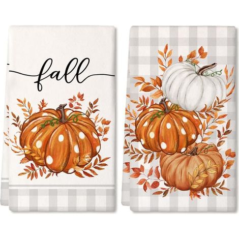 Torchon Cuisine - Lot de 2 - Microfibre - Absorbant Lavable - Décoration Automne Halloween - 40x60 cm Orange Gris (1/5)