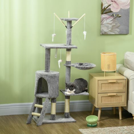 Albero per gatti da 134,2 cm con nidi, piattaforme, casette, amaca a forma di topo e pali in sisal 50x35x134,2 cm Grigio (1/5)