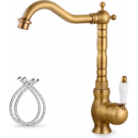FIG-Robinet de cuisine mitigeur monocommande rotatif 360° en laiton bronze – Valve céramique anti-fuite – Aérateur ABS pour débit doux(Équipé de deux conduites d'arrivée d'eau.) (1/5)