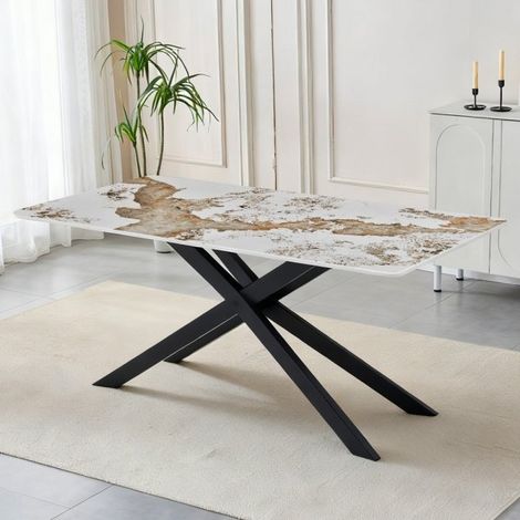 Tavolo rettangolare Star con piano in ceramica effetto marmo bianco pandora brown lucido e struttura in metallo nero
