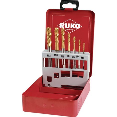 Set di maschi a macchina DIN 371/376 C M3-M12 7 pezzi Cassetta metallica TiN HSS RUKO