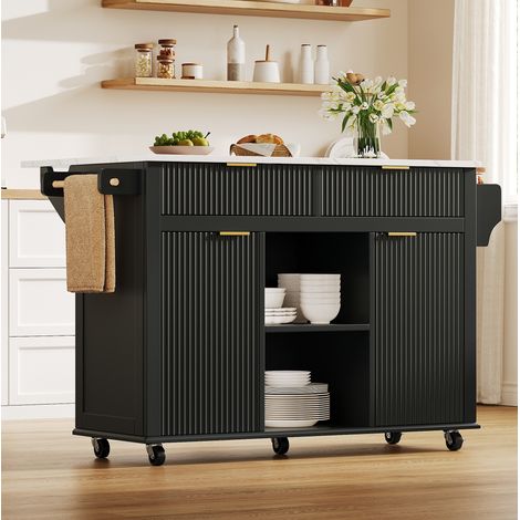 Carrello da cucina con ruote e piano ribaltabile, 2 cassetti, 2 ante, nero DESVIAE (1/5)
