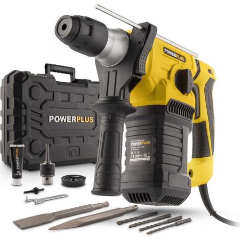 Powerplus Trapano a percussione elettrico POWX1197-4 in 1: Foratura, Percussione, Sfilatura e Rotazione dello scalpello, Trapano cablato da 1500 W e 5 J, SDS Plus, 7 Accessori