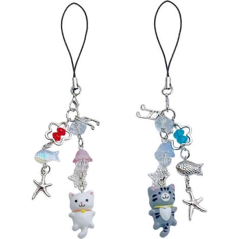 Chaîne de téléphone et porte-clés en perles avec des chats colorés, pour les copines, les couples et les adeptes d'un style mignon. Usage quotidien décontracté. Gris. (1/5)