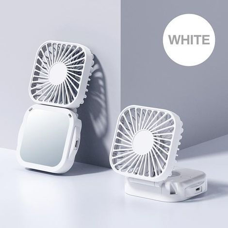Nouveau mini ventilateur portable avec miroir de maquillage intégré – Alimentation USB, carré, pliable, format de poche. (1/5)