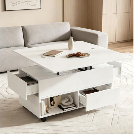 Multifunktionaler höhenverstellbarer Couchtisch 100 x 50 x 52 cm, 4 Schubladen, Rollen, Weiß (1/5)