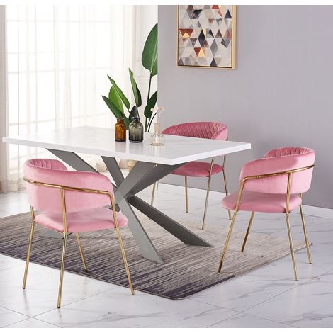 Duke LUX Atarah Dining Set - a White Wooden Dining Table and Set of 4 Pink Velvet Dining Chairs - Dining Room Kitchen (1/5)