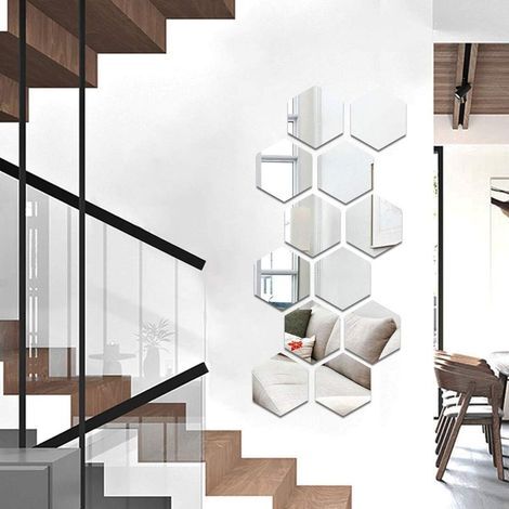 Sticker mural miroir,12PCS autocollant miroir amovible DIY acrylique décoration murale miroir carrelage hexagone miroir sticker mural salon chambre miroir (argent,126×110×63mm) (1/4)