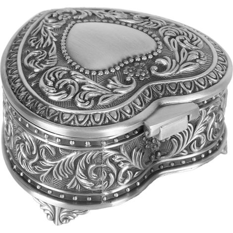 Écrin à bijoux vintage en forme de cœur en métal léger, coffret argenté ancien pour bagues, colliers et accessoires (1/5)